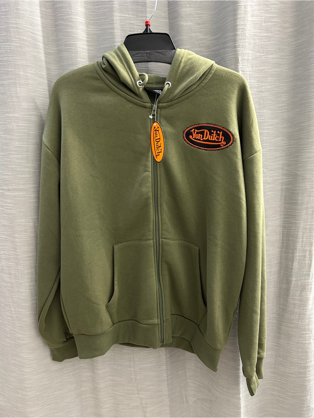 Von Dutch Zip Up Hoodie Olive Army Green With Orange Logo Patch Medium M NWT